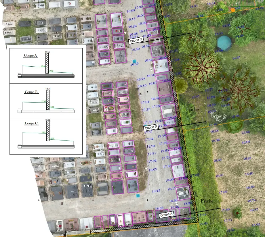 Plan topographique et coupes d’un quartier pavillonnaire